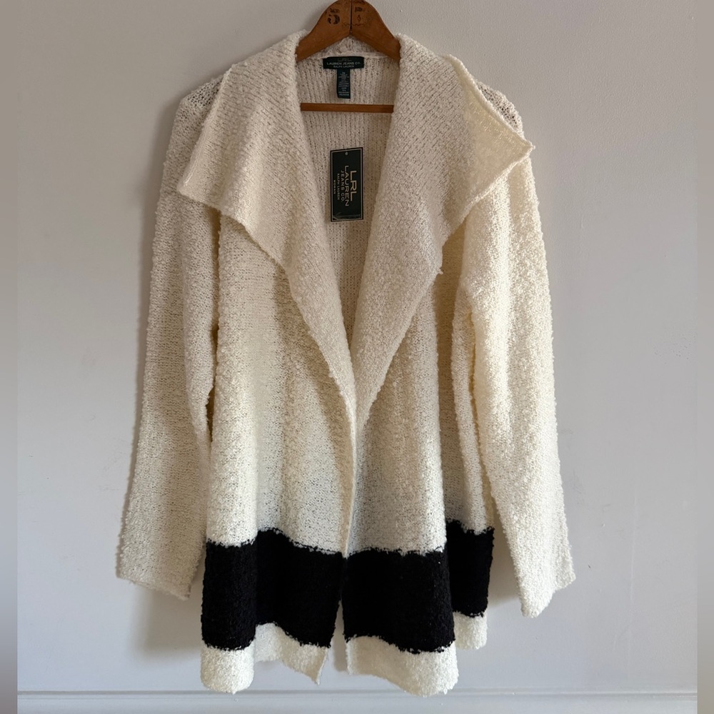 Ralph Lauren Jeans Co Open Front Cardigan 1X Cream Black Stripe Bouclé Knit Wool